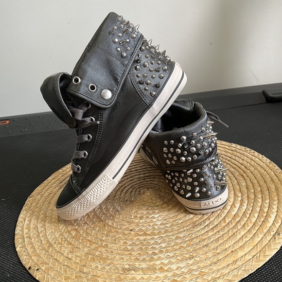 Aldo Silver Spikes Studs Satin High Top Canvas Sneakers Size 6 - Picture 2 of 12